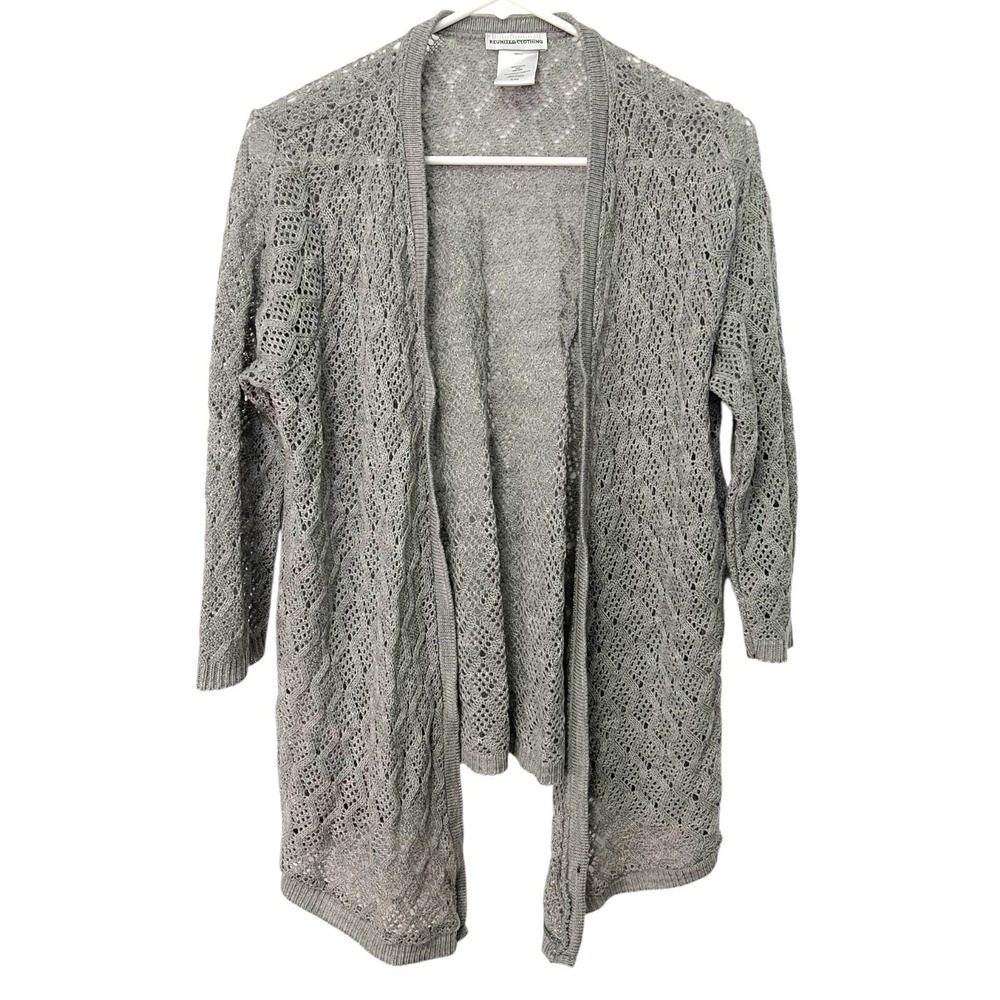 Reunited Clothing XL Gray Crochet Knit Open Front Cardigan Pointelle Boho Chic